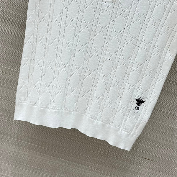 CD 25 Hollow Polo Knitted Short-sleeved Top White Silk Wool