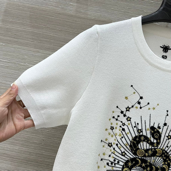 CD 25 Snake Embroidery Knitted Short-sleeved Top White Tencel Wool