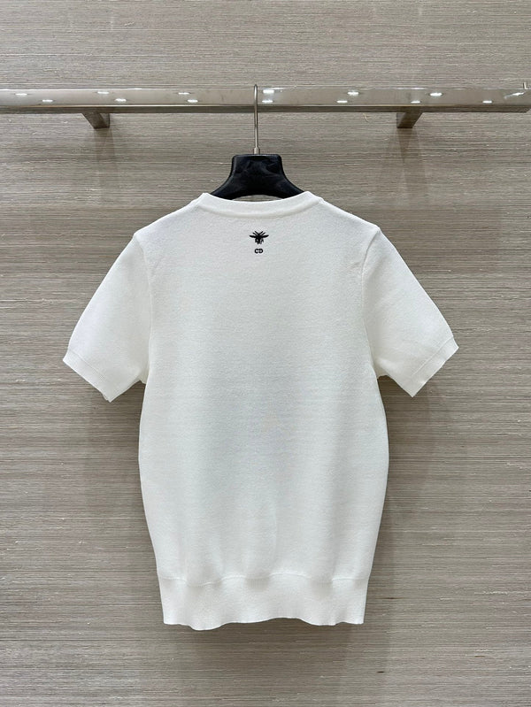CD 25 Snake Embroidery Knitted Short-sleeved Top White Tencel Wool