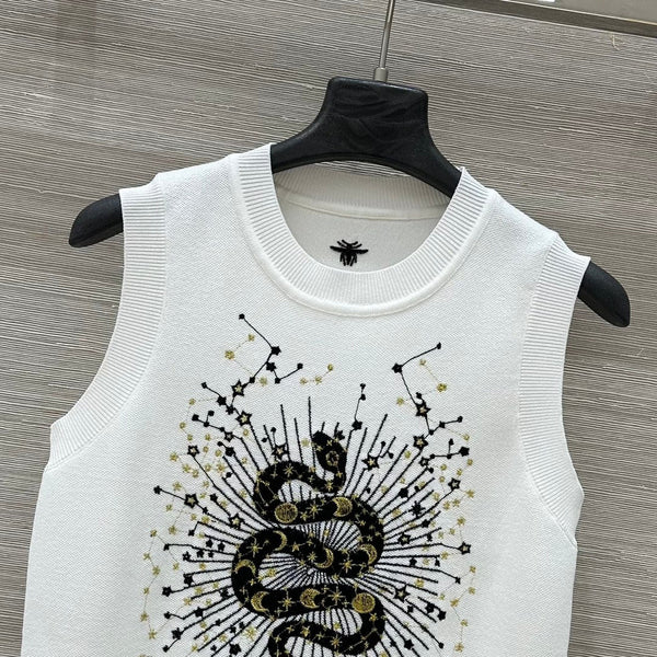 CD 25 Snake Embroidery Knitted Vest Top White Tencel Wool