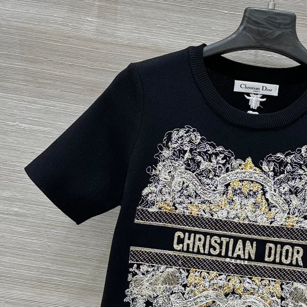 CD 25 Star Embroidery Knitted Short-sleeved Top Black Tencel Wool