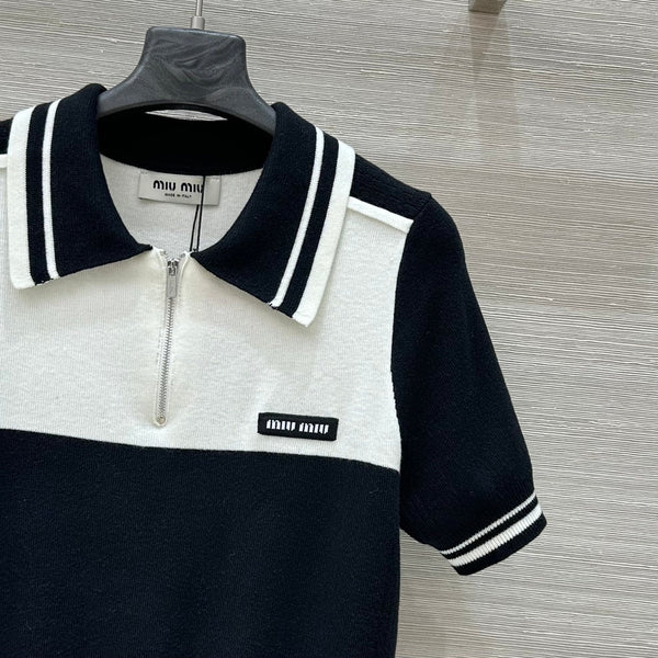 Miu Miu 25 Polo Collar Short-sleeved Top Black White Tencel