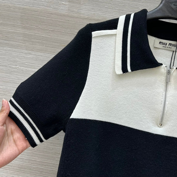 Miu Miu 25 Polo Collar Short-sleeved Top Black White Tencel