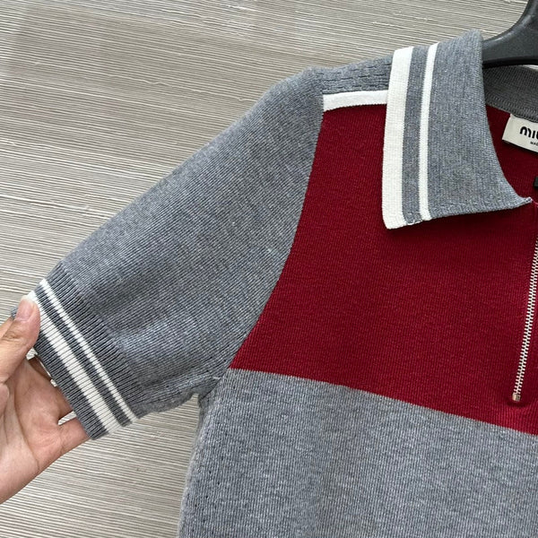 Miu Miu 25 Polo Collar Maglia a maniche corte Grigio rosso Tencel