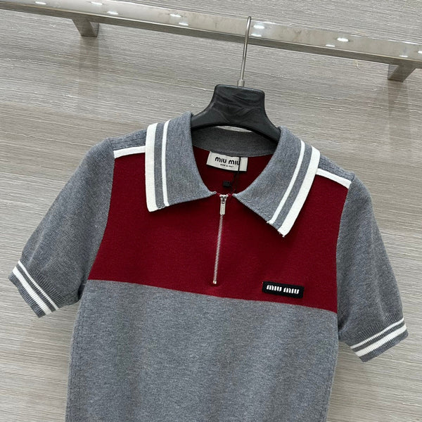 Miu Miu 25 Polo Collar Maglia a maniche corte Grigio rosso Tencel