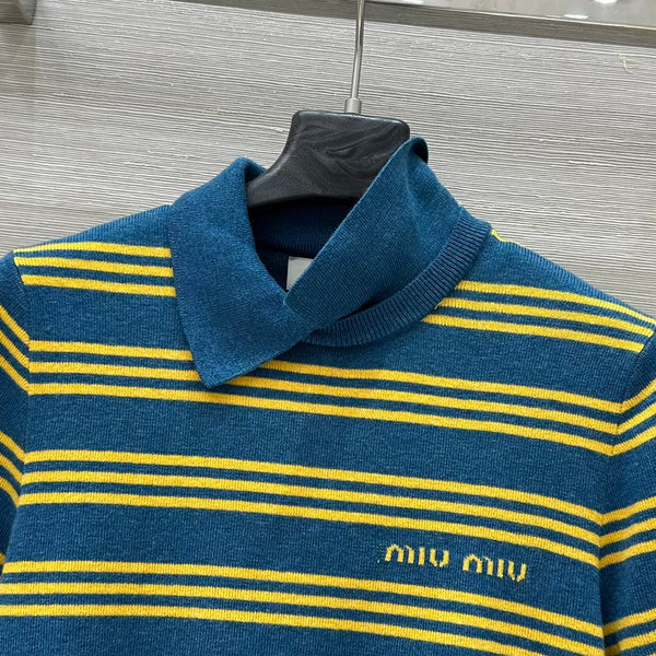 Miu Miu 25 Striped Polo Top Blue Yellow Wool