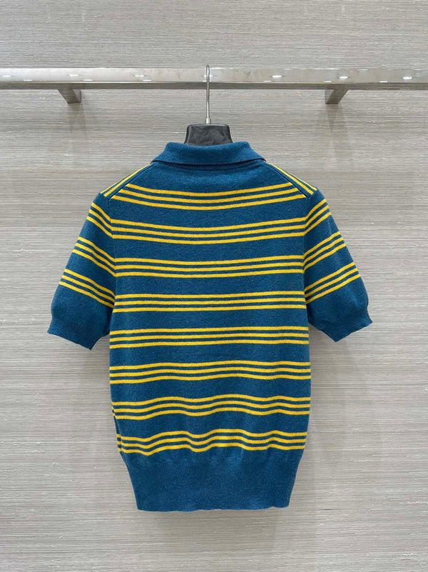 Miu Miu 25 Striped Polo Top Blue Yellow Wool