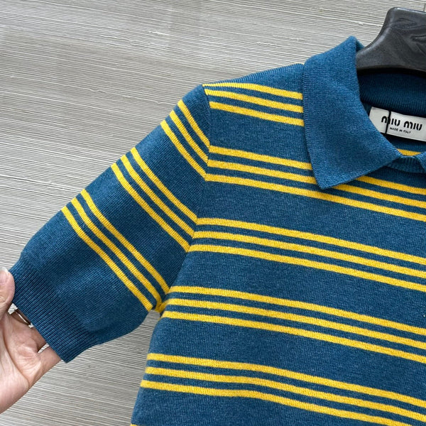 Miu Miu 25 Striped Polo Top Blue Yellow Wool