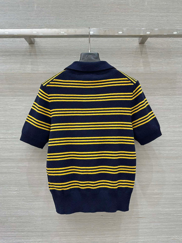 Miu Miu 25 Striped Polo Top Dark Blue Yellow Wool