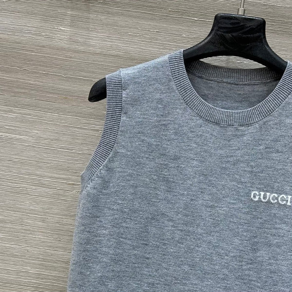 Gucci 2025 Logo Embroidered Knitted Vest Top Gray Wool