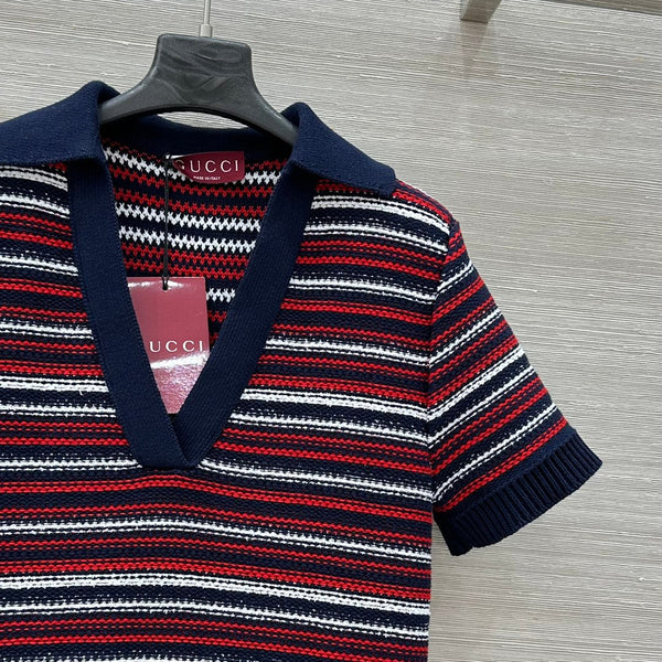 Gucci 25 Knitted V-neck Dress White Red Wool