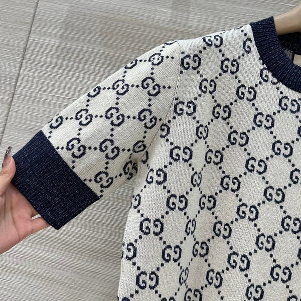 Gucci 2025 Knitted Round Neck Short-sleeved Top Blue Gray Cotton