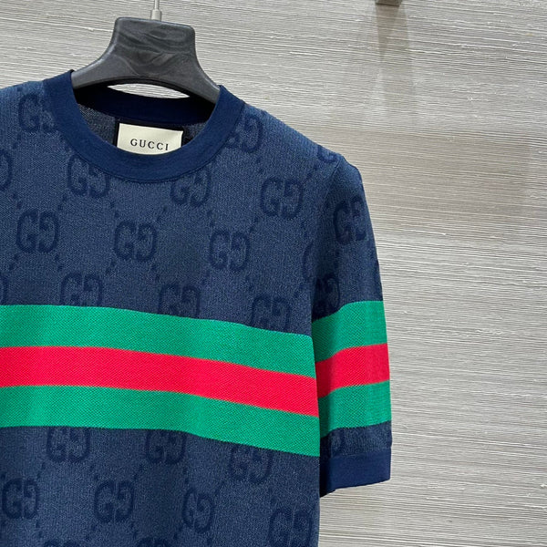 Gucci 25 Mesh Short-sleeved Top Blue Tencel