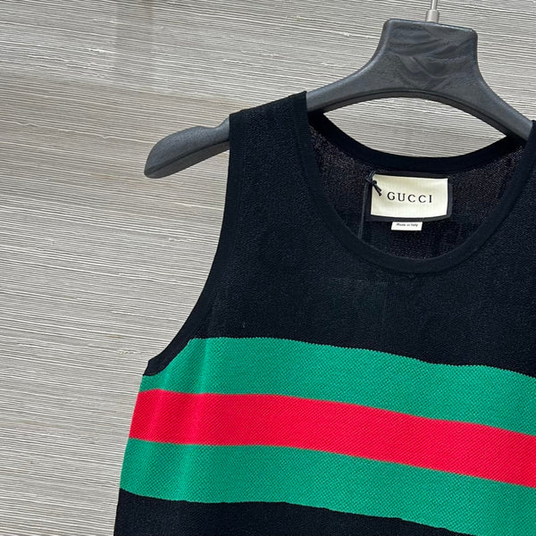 Gucci 25 Embroidered Jacquard Mesh Vest Top Black Tencel