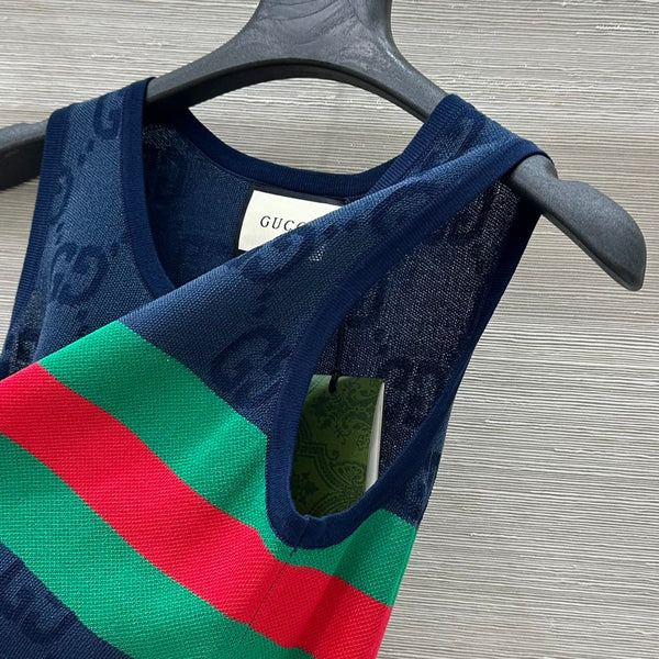 Gucci 25 Embroidered Jacquard Mesh Vest Top Navy Blue Tencel