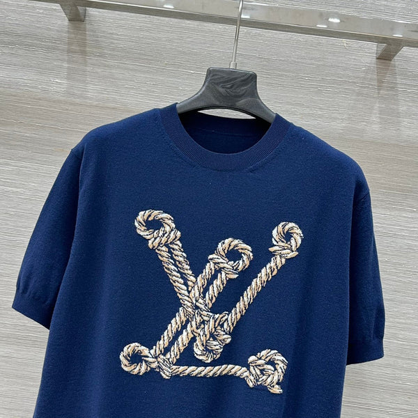 LV 25 Button Rope Jacquard Knitted T-Shirt Blue Wool Polyester