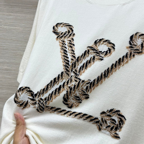 LV 25 Button Rope Jacquard Knitted T-Shirt White Wool Polyester
