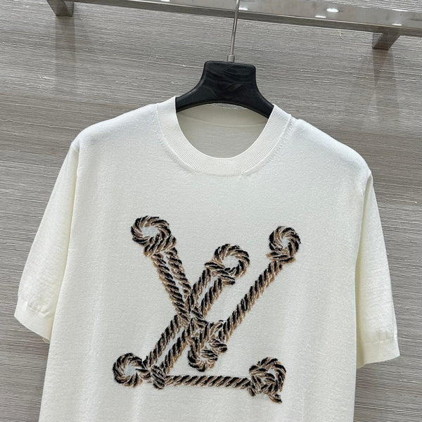 LV 25 Button Rope Jacquard Knitted T-Shirt White Wool Polyester