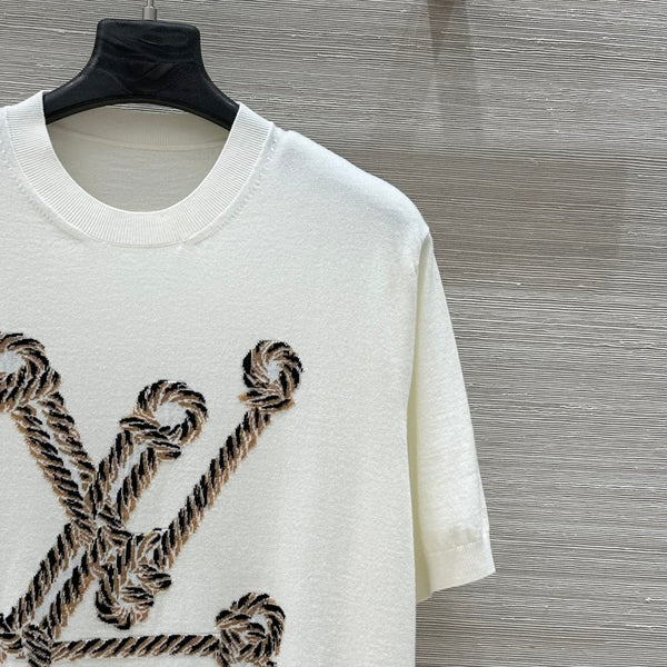 LV 25 Button Rope Jacquard Knitted T-Shirt White Wool Polyester