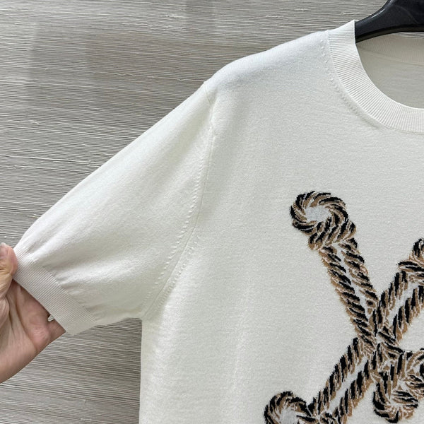LV 25 Button Rope Jacquard Knitted T-Shirt White Wool Polyester