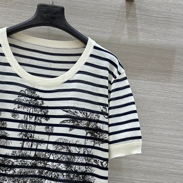 CD Coconut Knitted Short-sleeved Top Black mix White Cotton Polyester