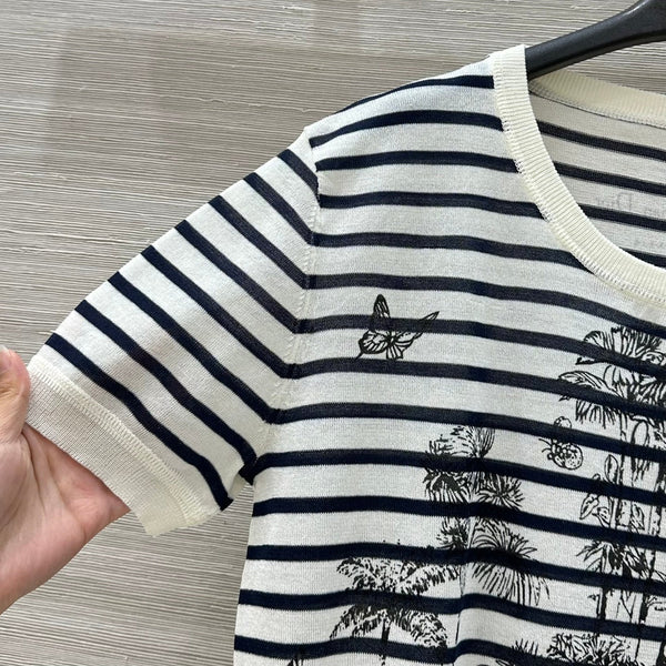 CD Coconut Knitted Short-sleeved Top Black mix White Cotton Polyester