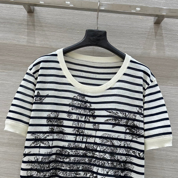 CD Coconut Knitted Short-sleeved Top Black mix White Cotton Polyester