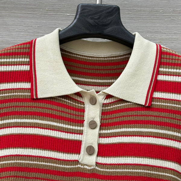 Fendi 25 Knitted Polo Short-sleeved Top Red Silk Cotton