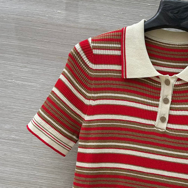 Fendi 25 Knitted Polo Short-sleeved Top Red Silk Cotton