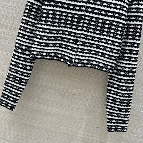 LV 25 Geometric Wave Pattern Round Neck Knitted Shirt Black Wool
