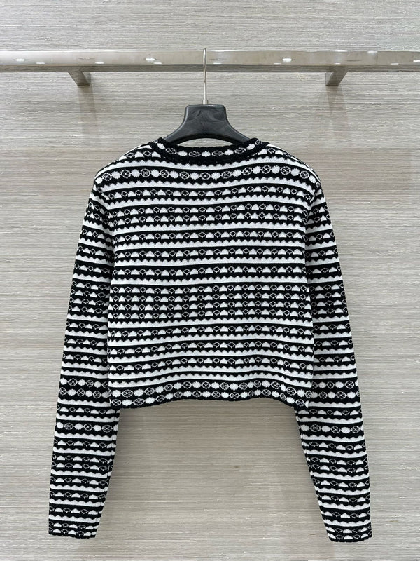 LV 25 Geometric Wave Pattern Round Neck Knitted Shirt Black Wool