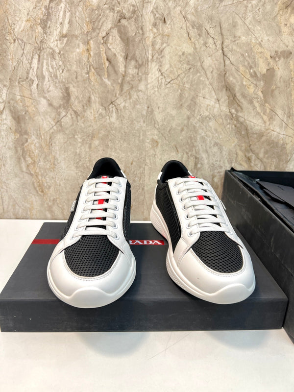 PRA SNEAKER WHITE MIX BLACK CALFSKIN AND MESH FABRIC