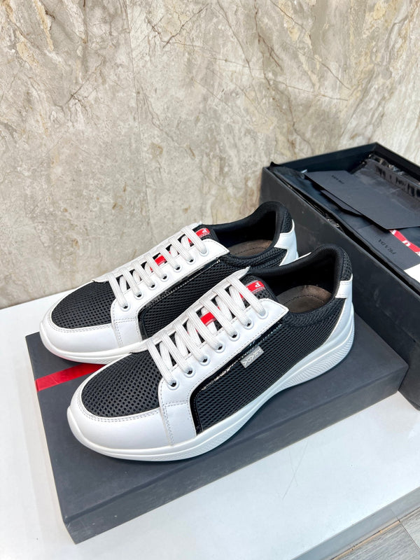 PRA SNEAKER WHITE MIX BLACK CALFSKIN AND MESH FABRIC