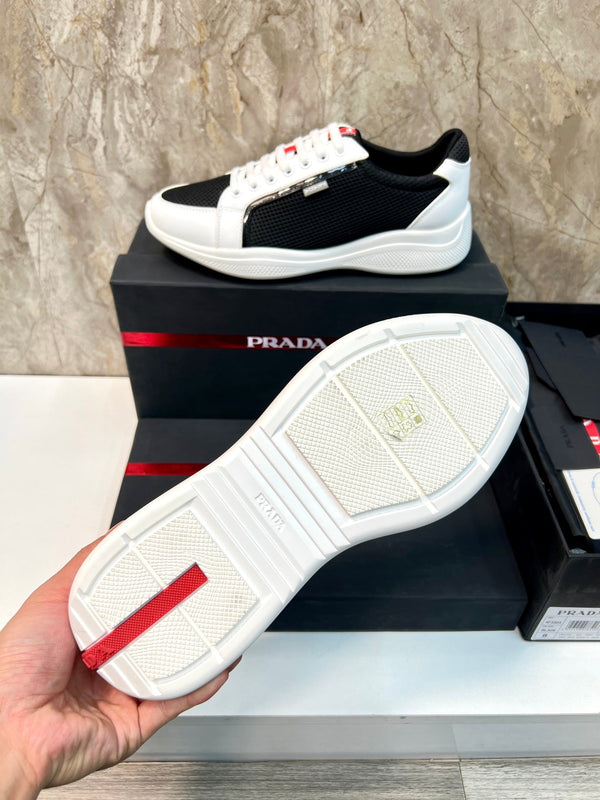 PRA SNEAKER WHITE MIX BLACK CALFSKIN AND MESH FABRIC