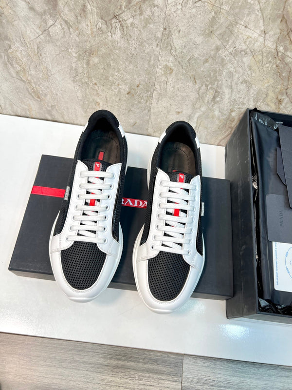 PRA SNEAKER WHITE MIX BLACK CALFSKIN AND MESH FABRIC