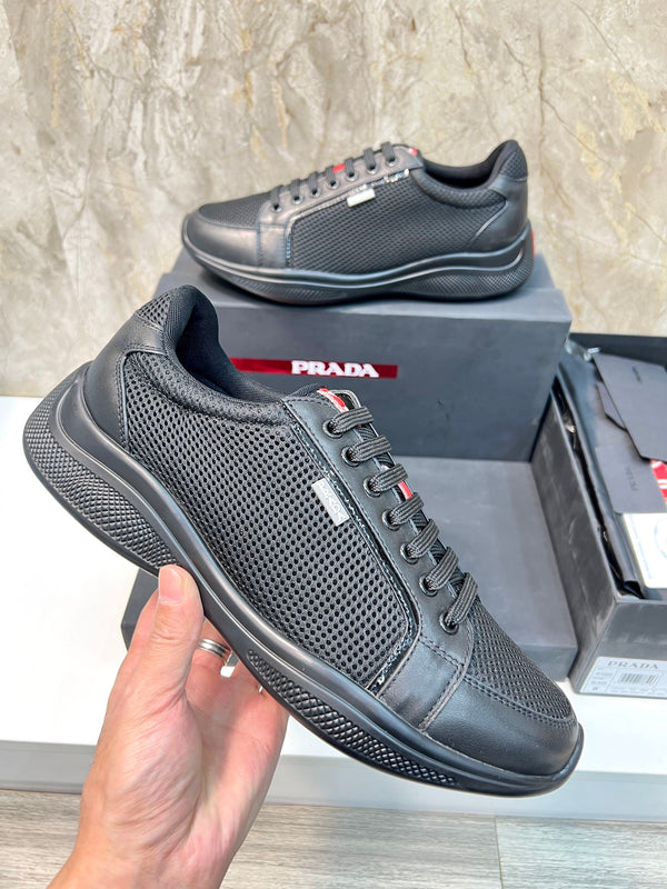PRA SNEAKER BLACK CALFSKIN AND MESH FABRIC