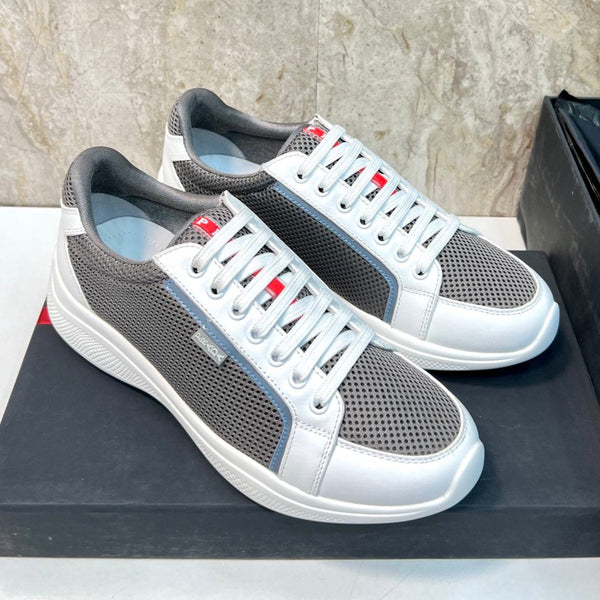 PRA SNEAKER WHITE CALFSKIN AND WOOD BROWN MESH FABRIC