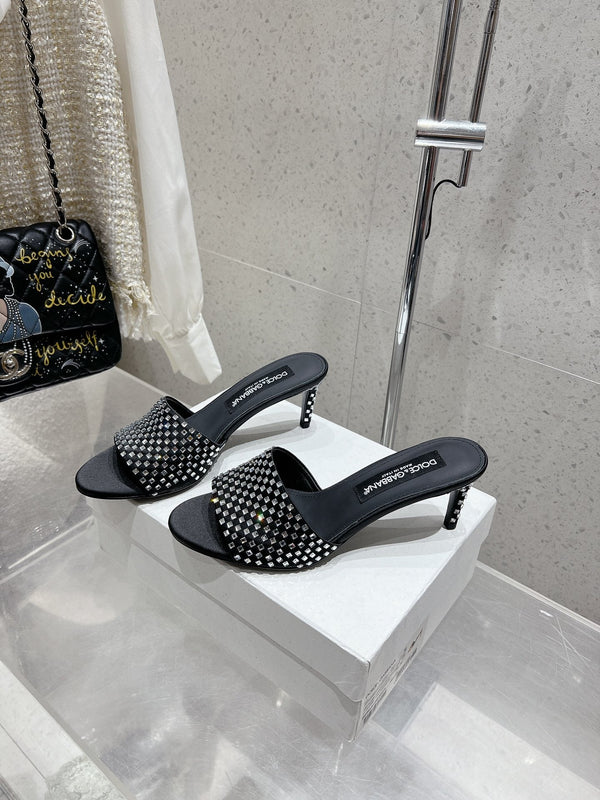 DC Rhinestone Mules 65mm Black Silk & Sheepskin 359514