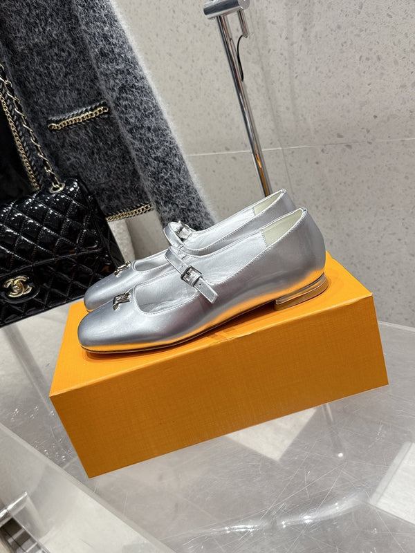 LV Swing Ballet Flat Sliver Metallic Leather 610712
