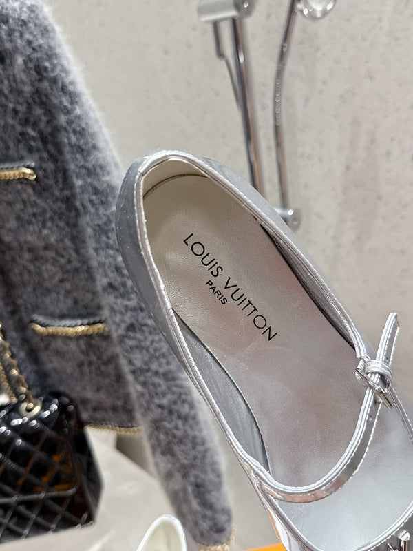 LV Swing Ballet Flat Sliver Metallic Leather 610712