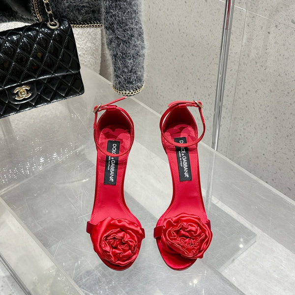 DC Flower High Heel Sandals 105mm Red Satin & Sheepskin 359506