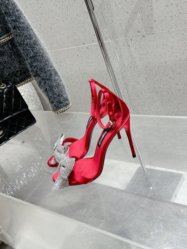 DC Rhinestone Bow Heel Sandals 105mm Red Satin & Sheepskin 359508