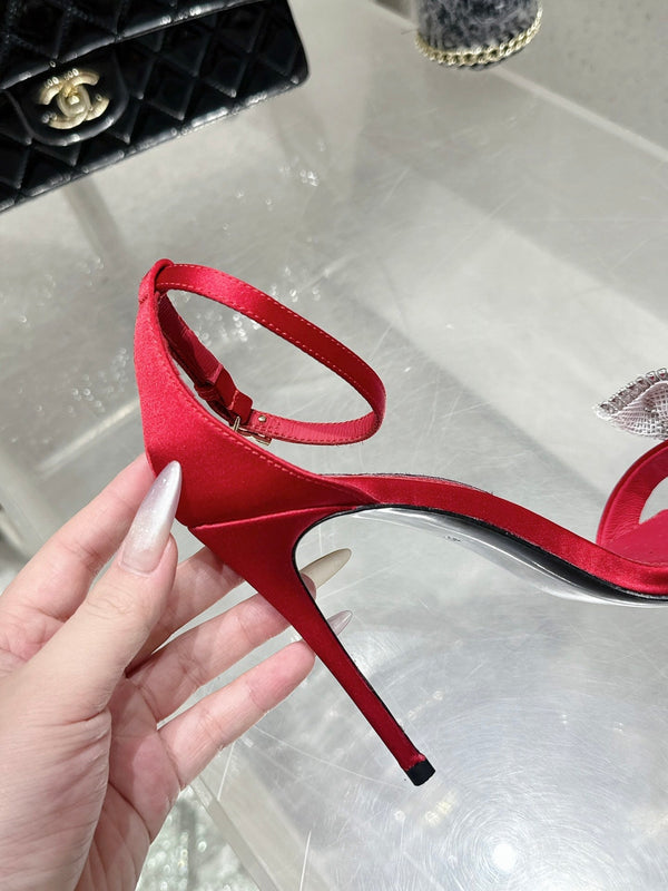 DC Rhinestone Bow Heel Sandals 105mm Red Satin & Sheepskin 359508