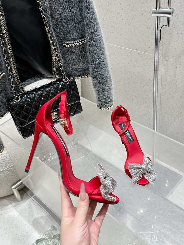 DC Rhinestone Bow Heel Sandals 105mm Red Satin & Sheepskin 359508