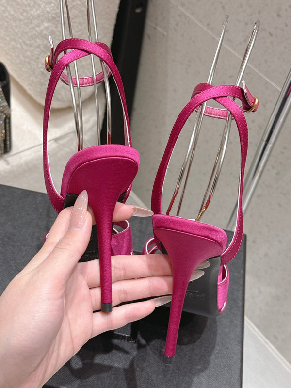 Sandales YSL Chandelle 10.5 Rose vif Rouge Satin 610693