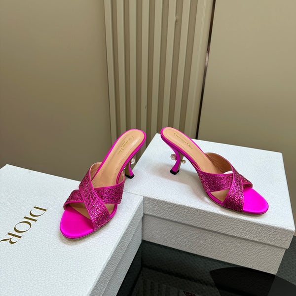 CD Tribales Heeled Slide 80mm Dark Pink Lambskin And Studded With Stones