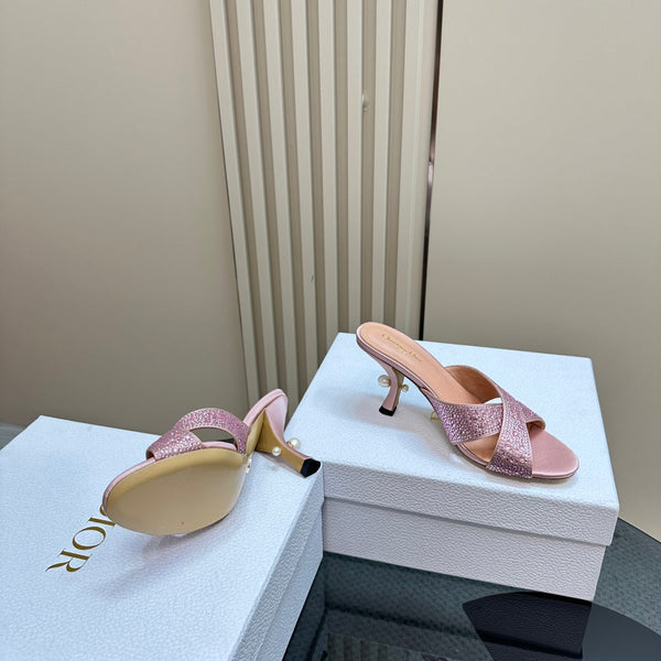 CD Tribales Heeled Slide 80mm Light Pink Lambskin And Studded With Stones