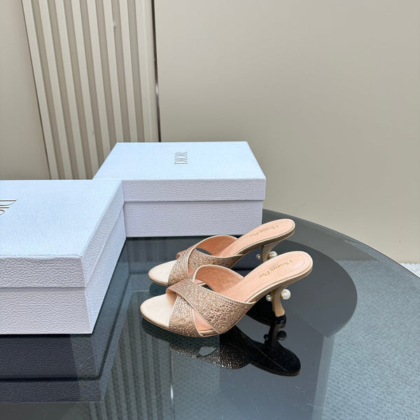 CD Tribales Heeled Slide 80mm Beige Lambskin And Studded With Stones