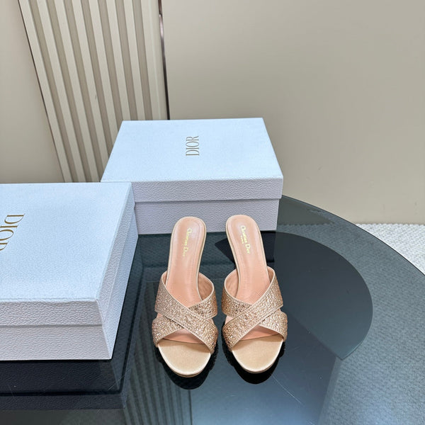 CD Tribales Heeled Slide 80mm Beige Lambskin And Studded With Stones