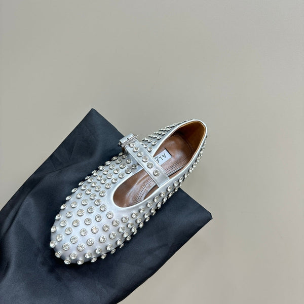 ALAIA CRYSTAL EMBELLISHED BALLET FLATS IN SILVER CALFSKIN